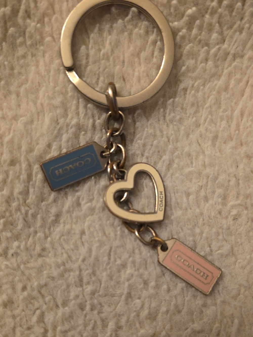 Auth Coach Silver-Tone Heart Keychain with Blue and Pink Enamel Tags
